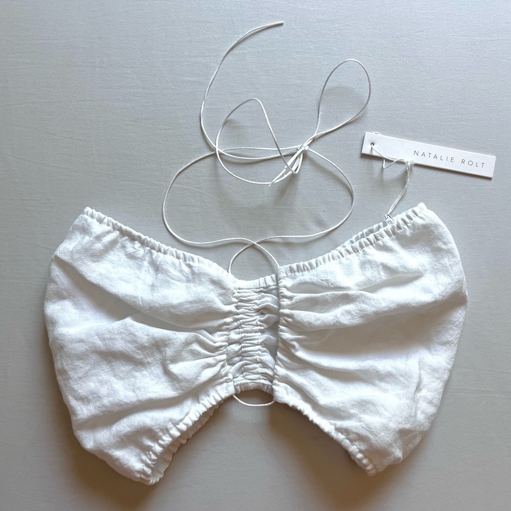 NWT NATALIE ROLT‎ white linen ruched cropped halter neck cropped top